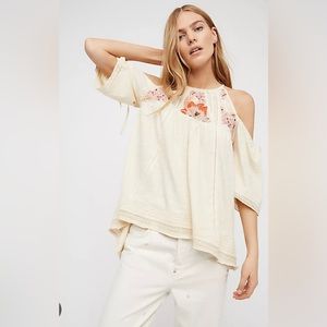 Free People Cream Fast Times Cold Shoulder Blouse Embroidered Beaded Size Small